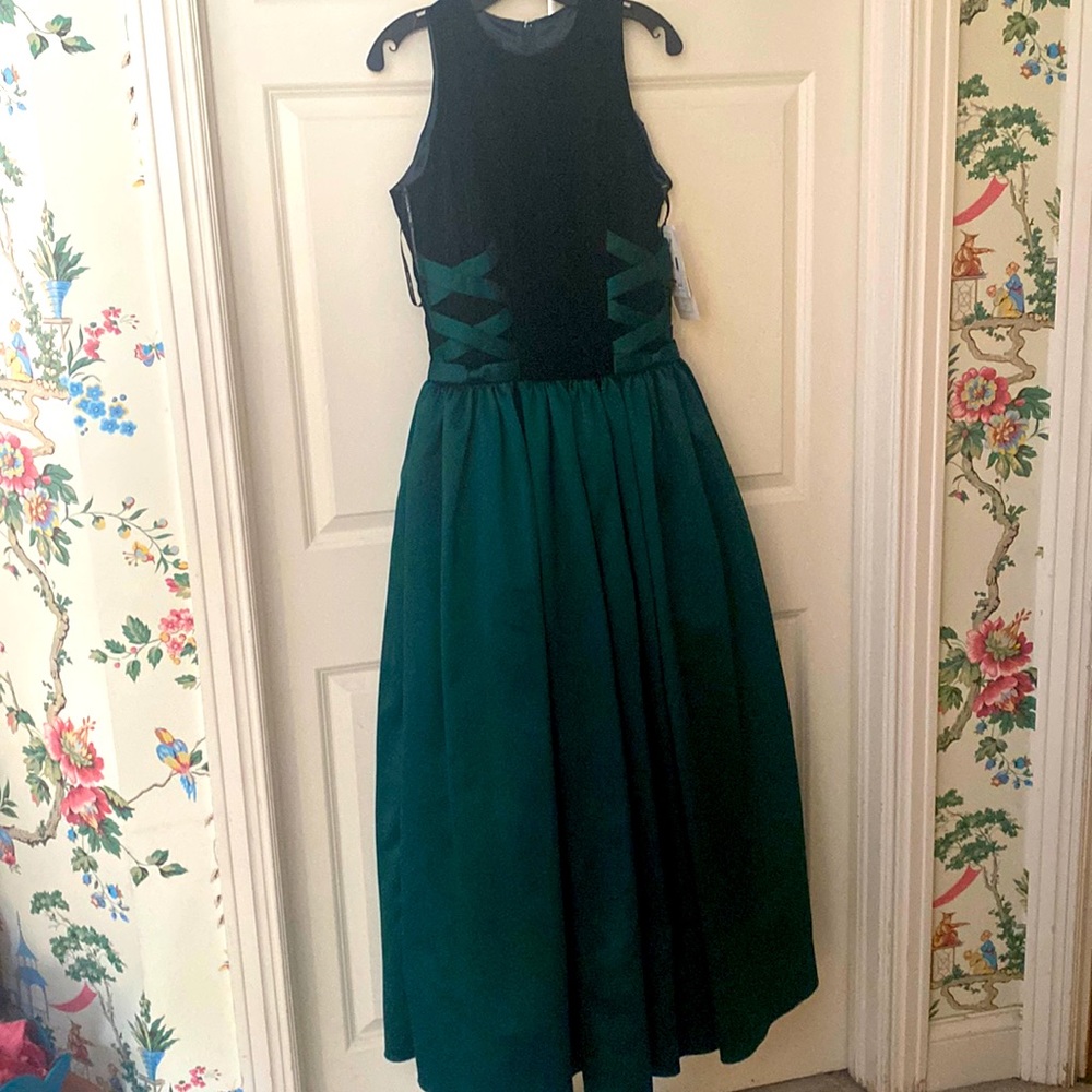 Deep green satin and velvet long formal Scott McClintock dress